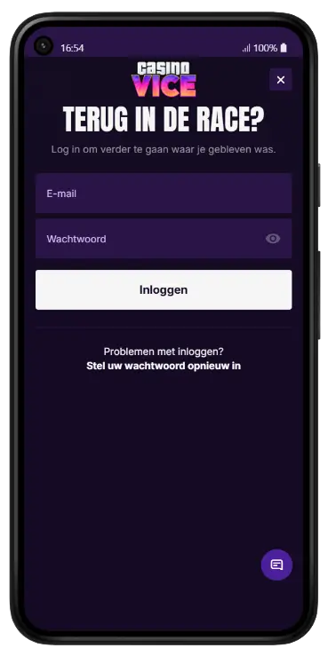 Casino Vice inlogscherm mobiel