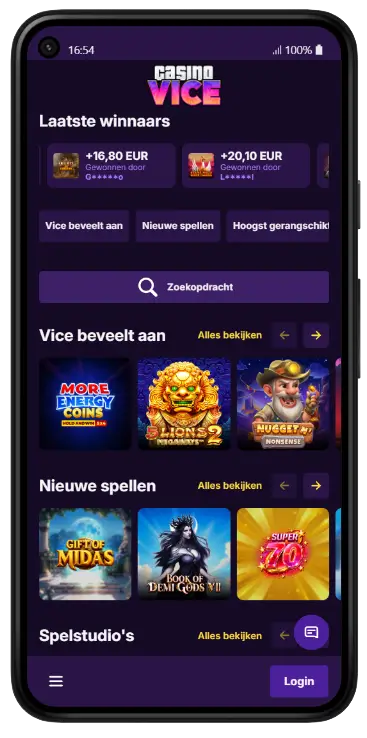Casino Vice mobiele homepage weergave